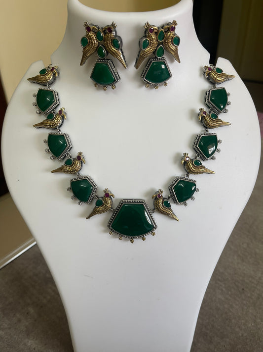 Green Monalisa Stone with Birds dual tone set
